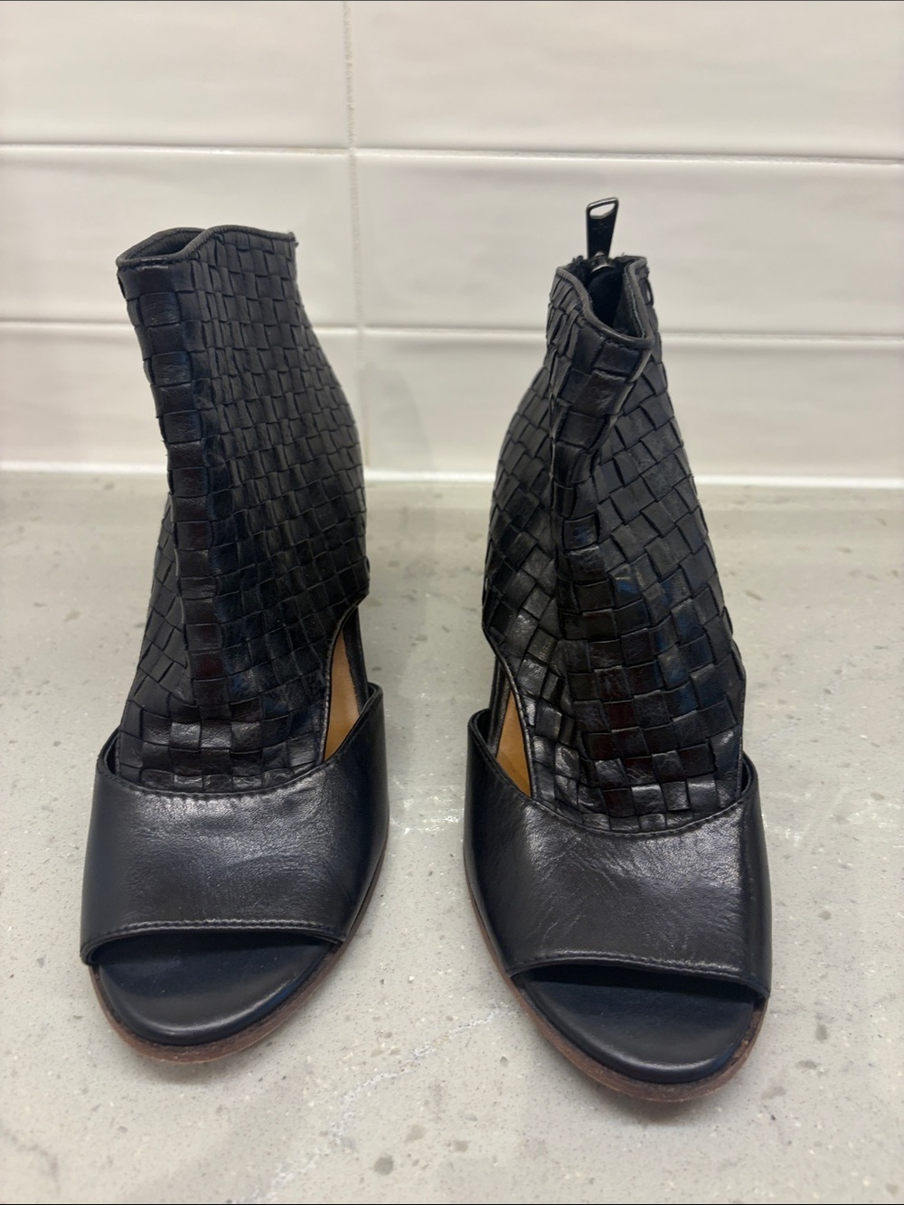 Patricia Nash Black Woven Leather Peep-Toe Ankle Boots